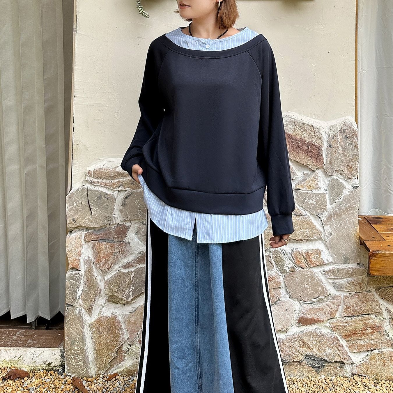 STRIPED CONTRAST LAYERED LONG SLEEVE SWEATSHIRT M-18483