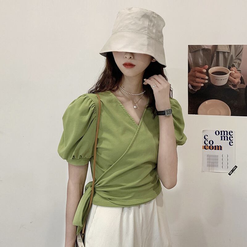 グリーンショートTシャツ サマーVネックハイウェストウェストトップス 夏物 試着室62797672478