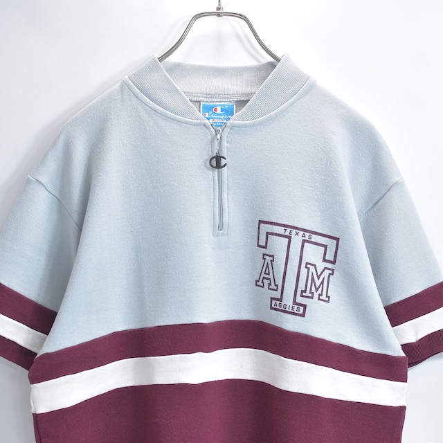 90s〜 Champion チャンピオン ハーフジップ ロゴ カレッジプリント 切替デザイン 半袖 スウェット スポーツ ヴィンテージ ビンテージ USA アメリカ古着 メンズMサイズ