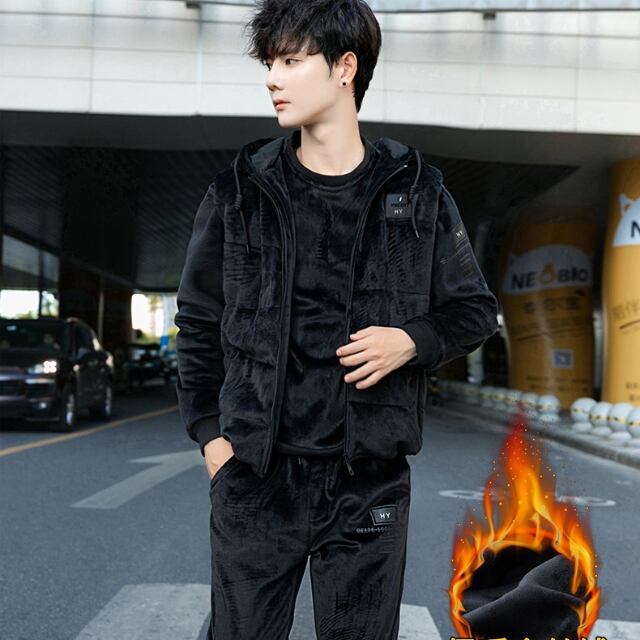 【予約販売】メンズ セットアップ ベスト 3点セット ベロア ブラック グレー ワイン 長袖 こなれ感 スポーツウエア カジュアル 秋冬 大きいサイズ M/L/XL/2XL/3XL/4XL