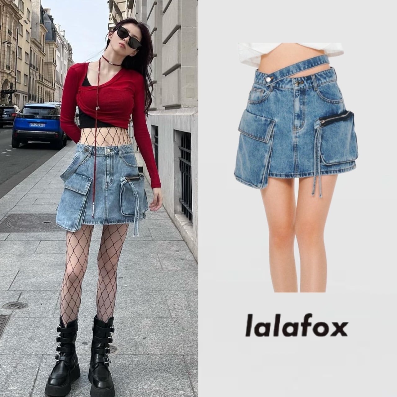 ★lalafox★CARGO DENIM MINI SKIRT★Blue★韓国★大人気★ ☆ハンソヒ 着用!!【lalafox】CARGO DENIM MINI SKIRT BLUE