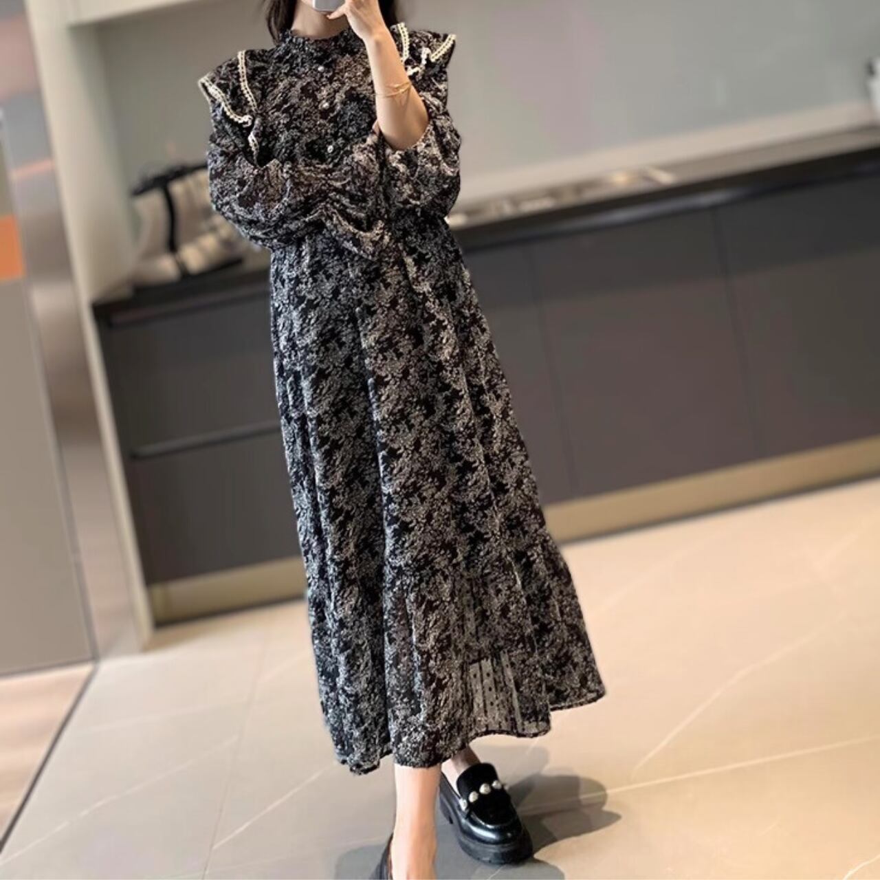 小花柄シフォンワンピース A0296