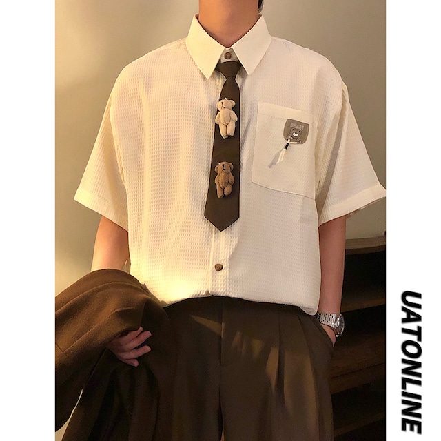 【UATONLINEシリーズ】★シャツ★ 2color ネクタイ付き トップス ワッフル生地 ユニセックス メンズ カジュアル 半袖シャツ 熊