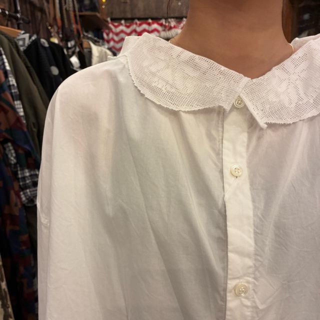 UNIVERSAL SEVEN Natural Typewriter Italian Fille Lace 2-Way Blouse, White/White, Long Sleeve, Cotton, Front and Back
