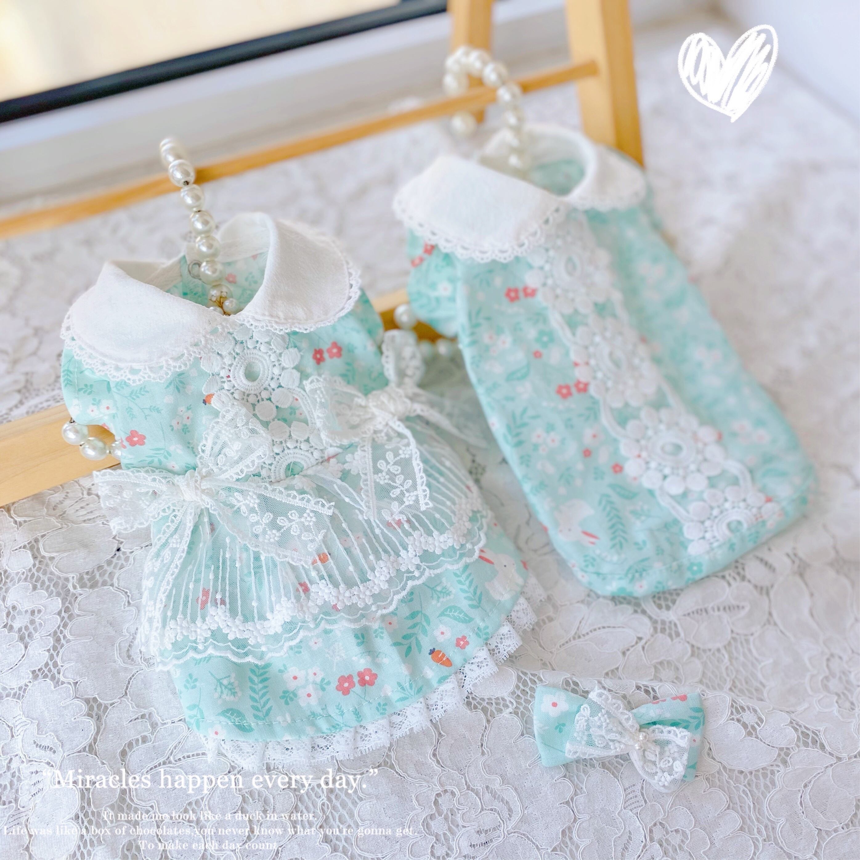 丸襟 ミント花柄レースペアルック プチプラでも可愛い愛犬のお洋服通販 Sunnysevenpet