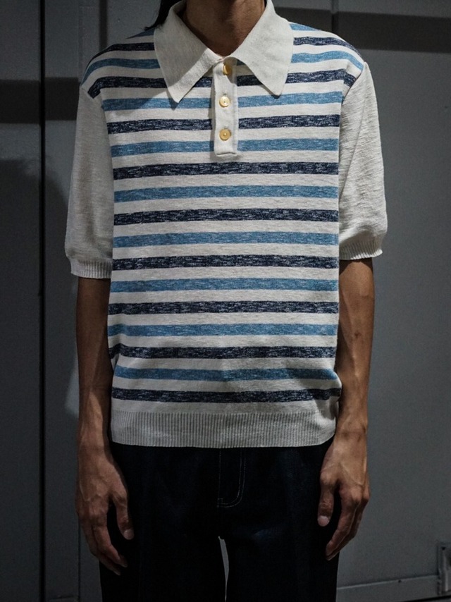 【add (C) vintage】Horizontal Stripe Pattern Loose S/S Knit Polo Shirt