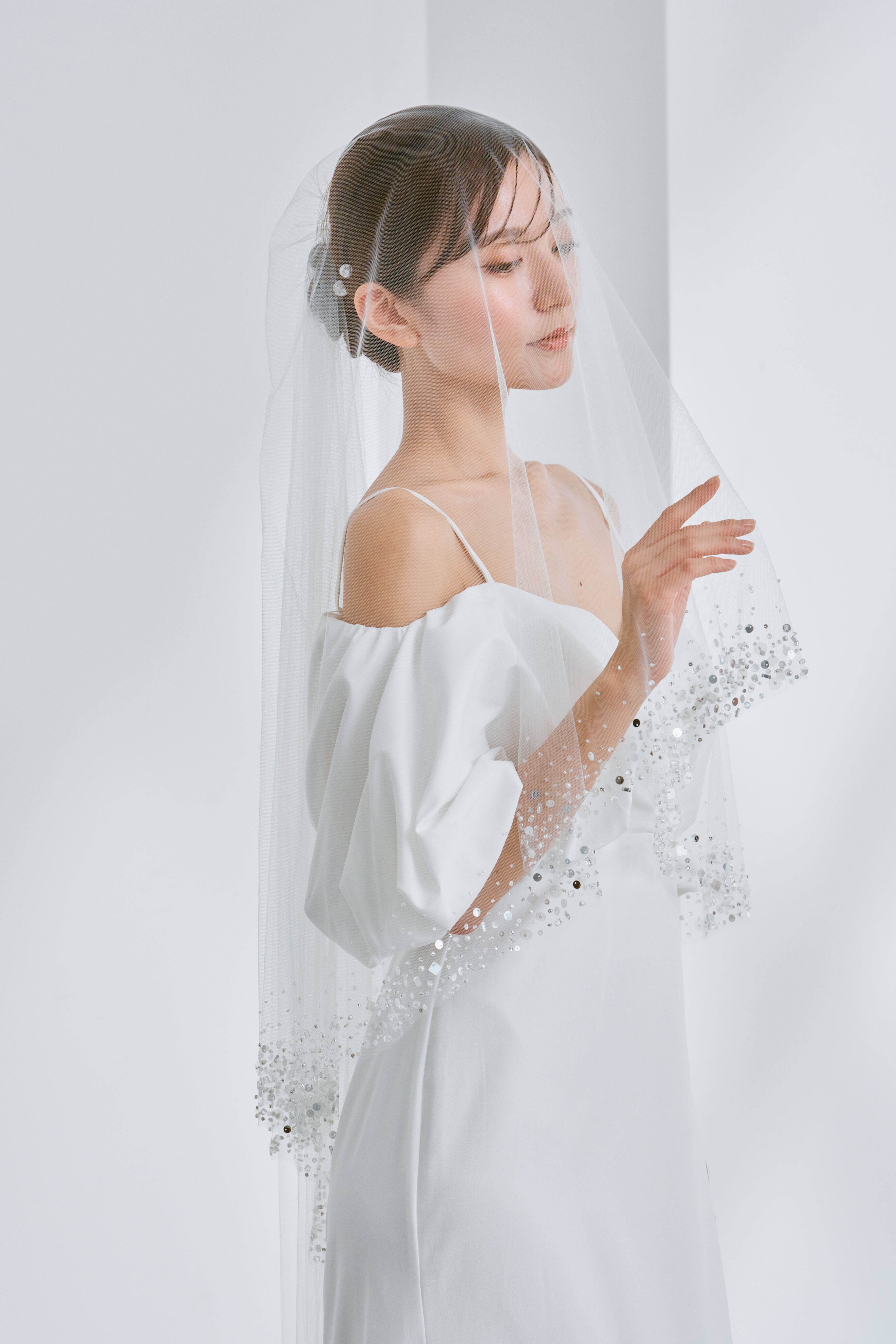 Aile メロー加工刺繡レースベール　ベール【M size】 M size)キラキラビーズ刺繍ベール Wedding veil beads shiny