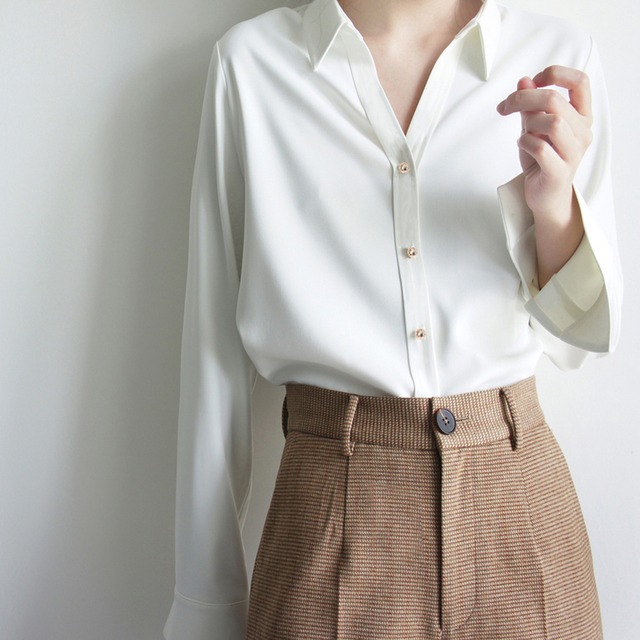 シャツブラウス 長袖 レディース Vネックシャツ おしゃれ ワイシャツ 無地