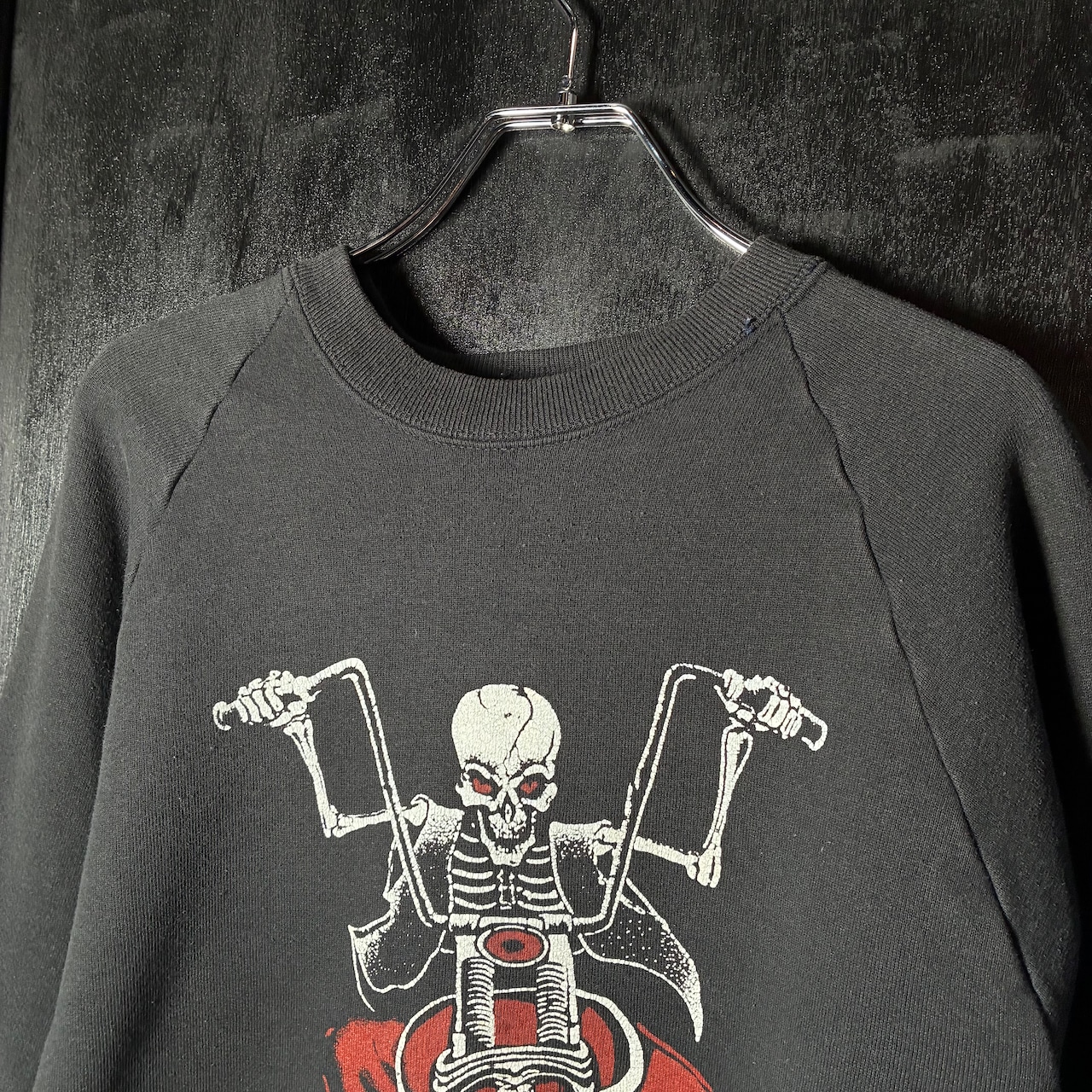 80s Vintage / DEATH RIDER スカル × バイクプリント ラグランスウェット / ブラック