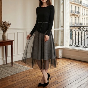 パッチワークメッシュ チェックスカート ツーピース　G1229