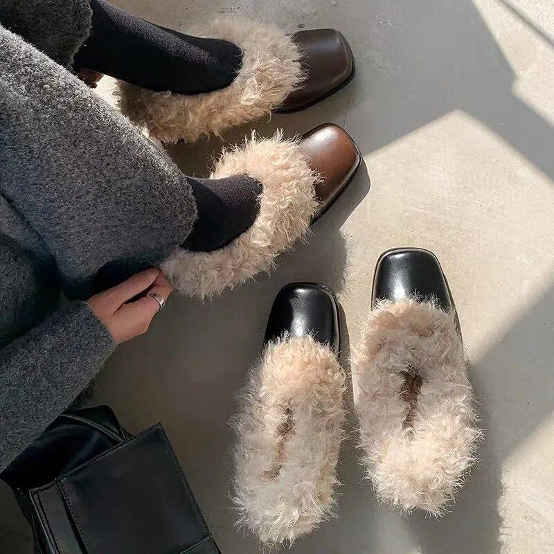 2025秋冬プラッシュPUレザー女性用ハイヒール新作セクシーなスクエアトゥ滑り止めファッションモダン暖かい女性用シューズ