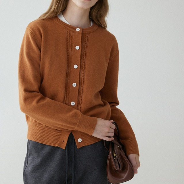 crew neck knit cardigan with cable trim