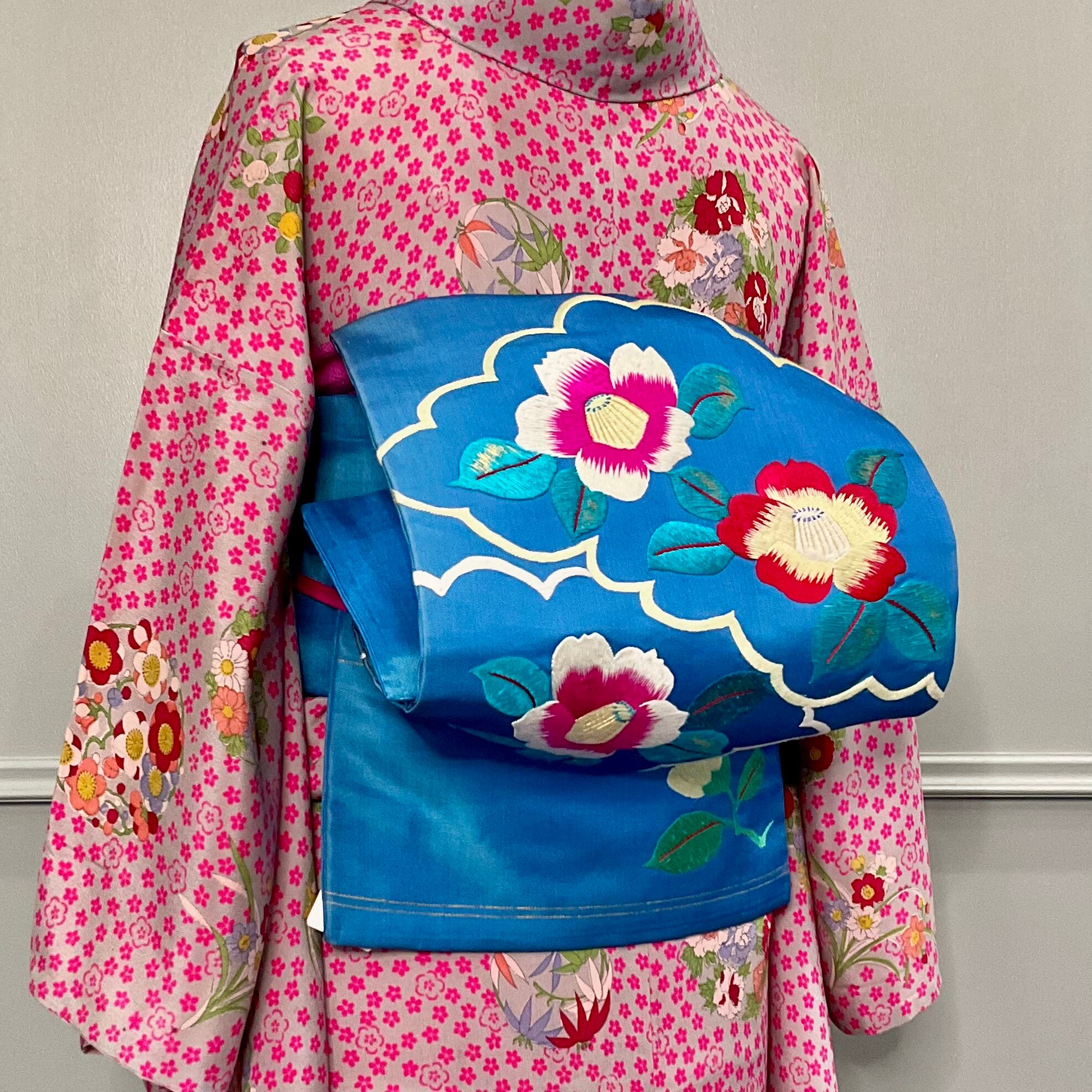 ツバキ浪漫＊椿 雲取り 刺繍 繻子 ブルー 青 花 アンティーク名古屋帯