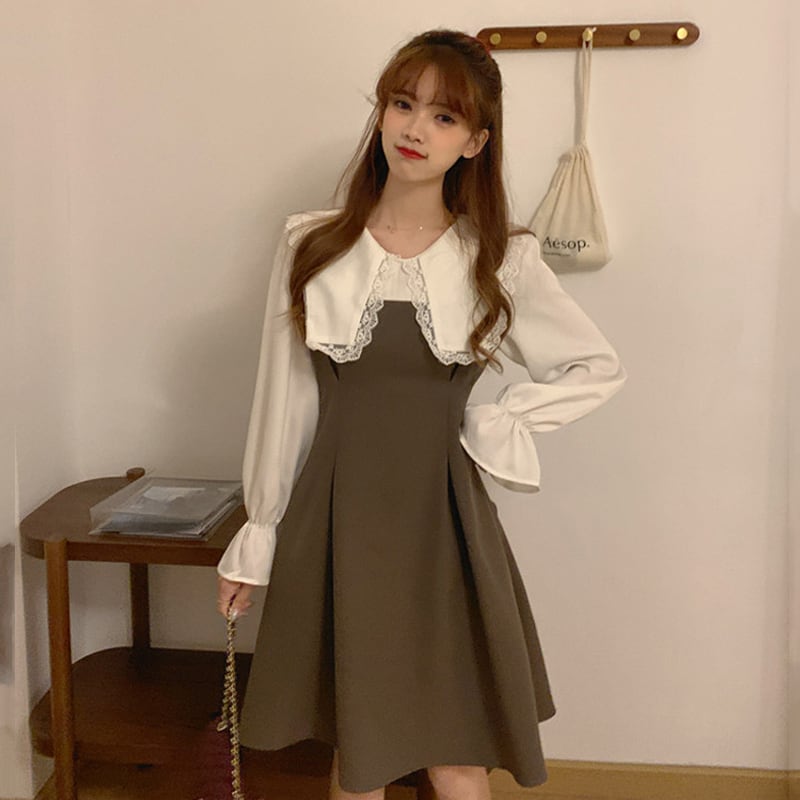 送料無料 ナチュかわ 大襟デザイン ガーリー キャンディスリーブ ドッキング ワンピース デート 会食 女子会 Lamitte Deco トレンド 韓国ファッション ショップ Base店