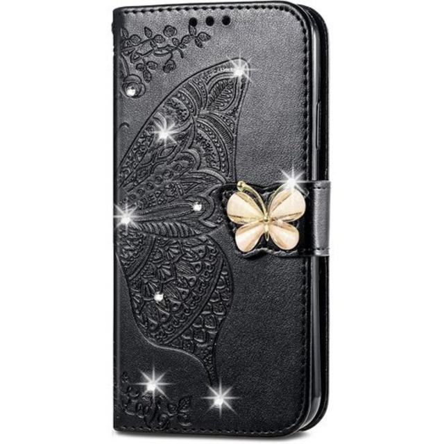 に適用するArrows We doo F-51B au FCG01 ケース 手帳型 ノートブック型携帯保護カバー多機能携帯ホルスター財布携帯ホルダーバンプパターンテクスチャ耐久性摩擦耐性携帯ケース男性と女性に適した多色オプション zバタフライ黒 2258