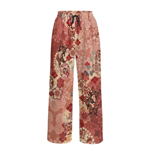 和紋様装飾　珊瑚色　和柄　ストレートパンツ