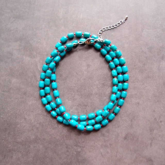 Magnesite Turquoise × Red Coral Necklace／レッドコーラル × マグネサイトターコイズ ロングネックレス