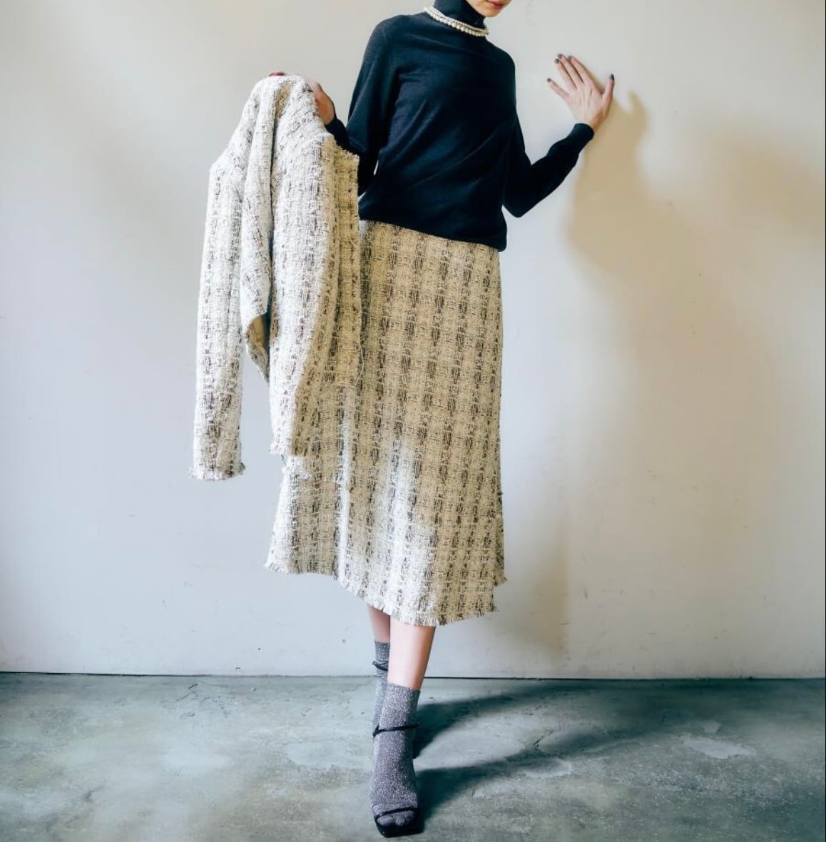 【anana】セットアップ可 ラメツイードミモレ丈スカート a89-045
