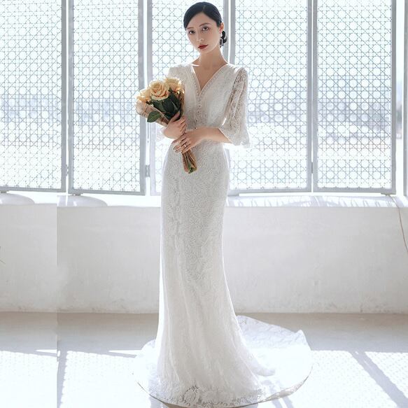 FEHAUTE Vネック半袖マーメイドガウンドレス マーメイド ウエディングドレス Vネック | URARA BRIDES