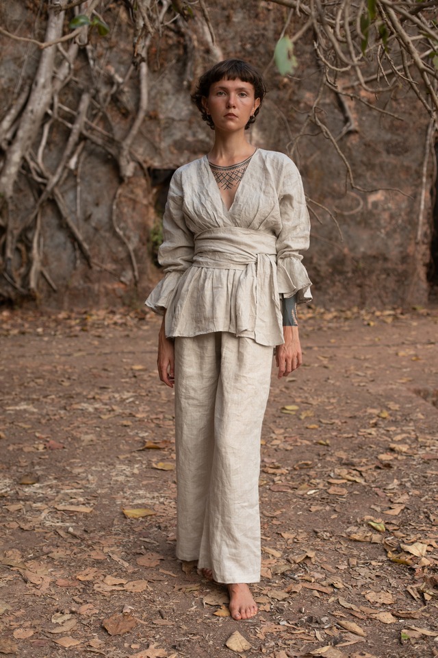 Yarn Dyed Linen Wide Belt Top (一点もの)