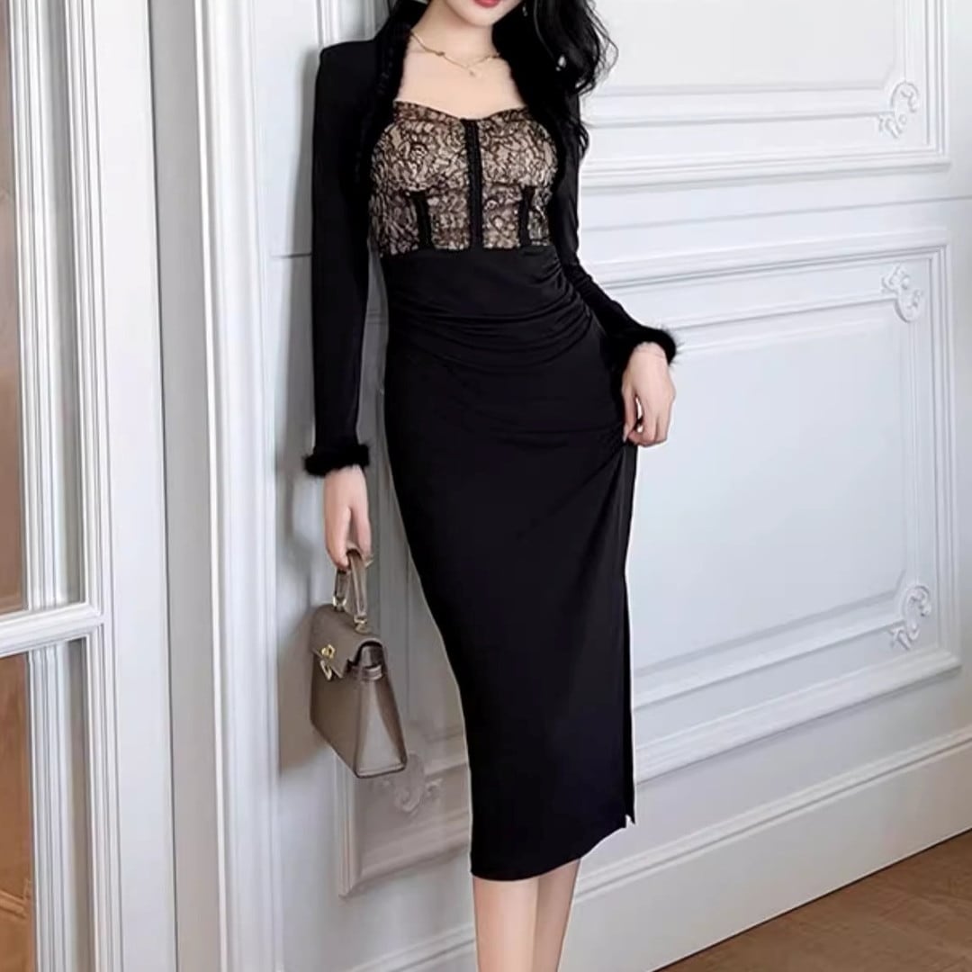 Front Drape Long Sleeve Dress  V191