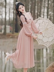 【0262】Pink Chiffon High Waist Long Sleeve Dress