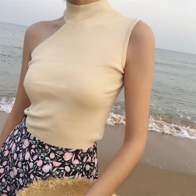 ワンショルダーノースリーブニット ベージュ 