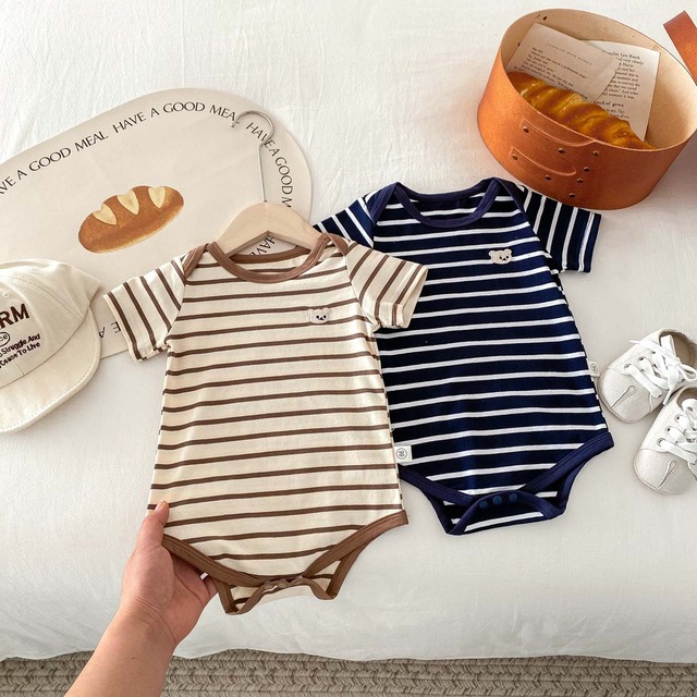 【BABY】くまモチーフストライプ半袖ロンパース - 4