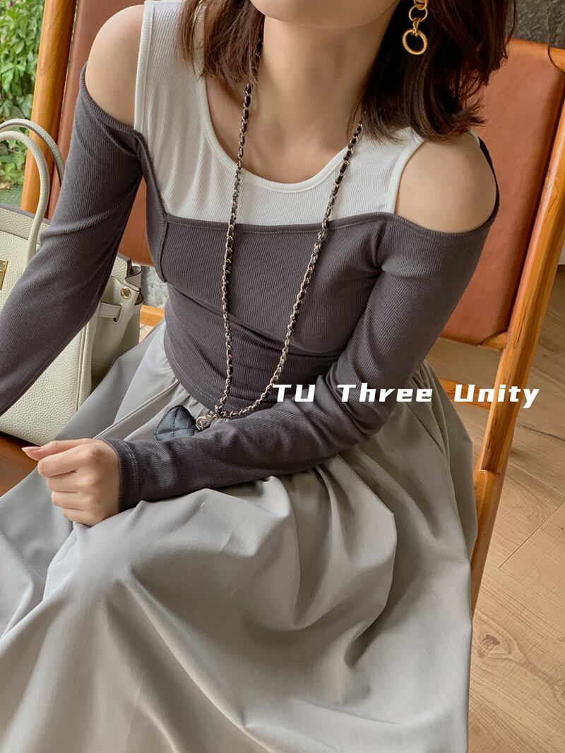 トップス スリムカラーTシャツ レディース ロング ステッチ ビッグFスモールZ韓国68467277511