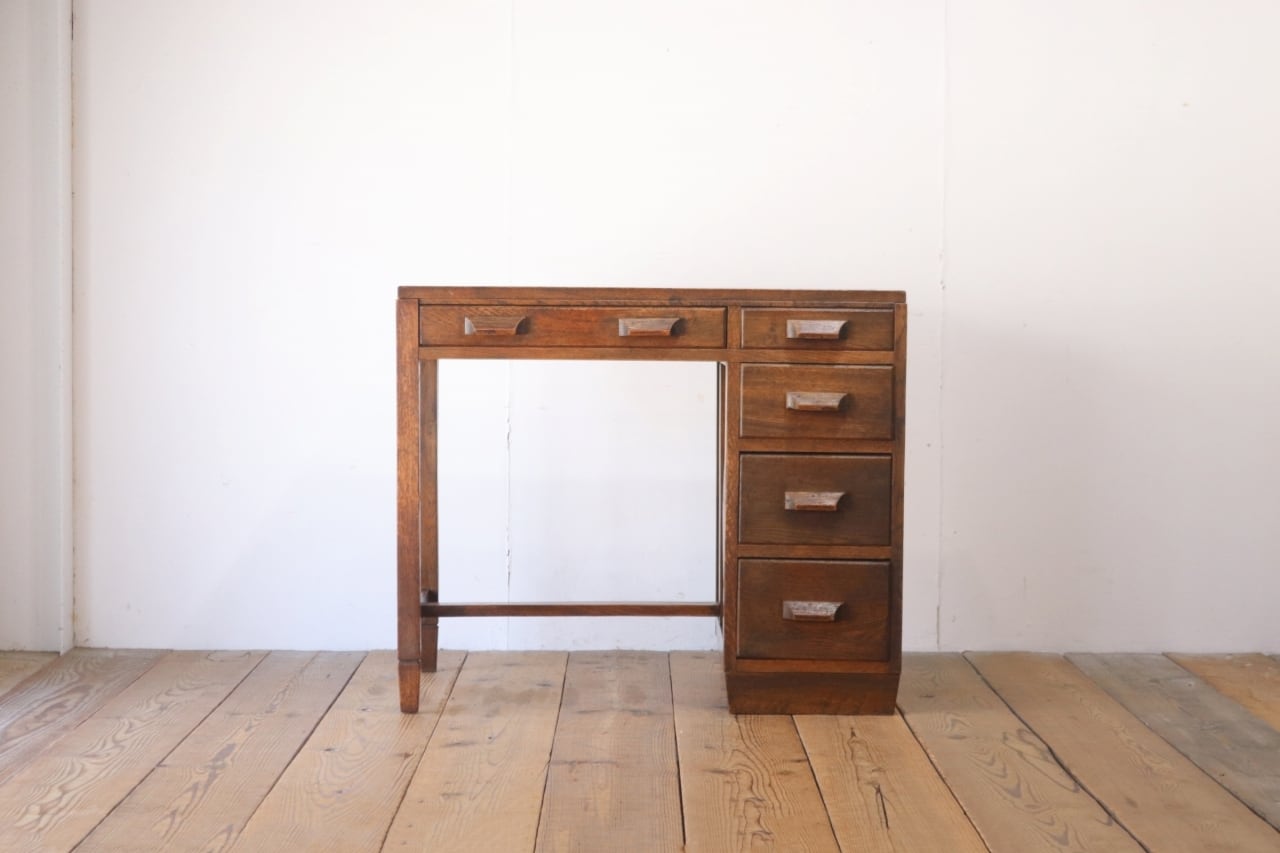 レトロ 片袖デスク 机 書斎 作業台 引き出し 抽斗 5杯 木製 古道具