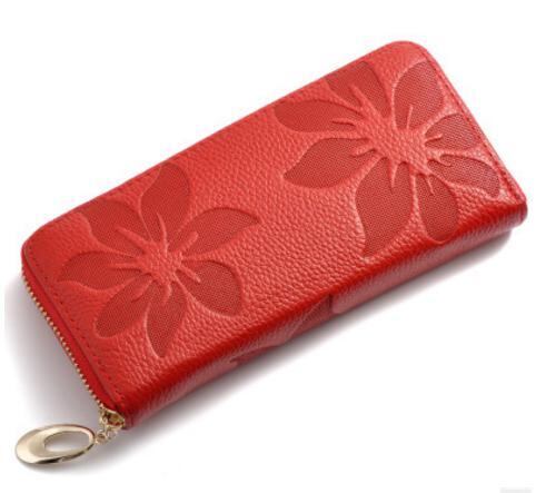 新品本革レザー長財布 可愛い花柄 レディース レッド 赤 ラウンド