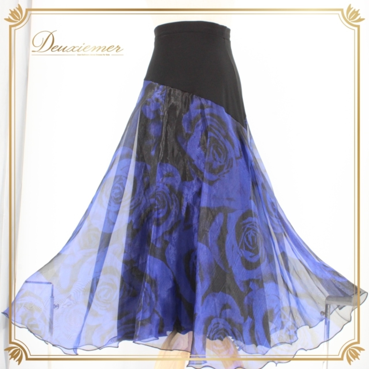 社交ダンス 衣装 スタンダード スカート レッスンウェア レディース ICHIOKU イチオク 黒 ブラック系 ブルー系 青 花柄 薔薇 バラ ショートスカート エレガント フレア ストレッチ 通気性 ダンス用 コスチューム 薔薇柄 おしゃれ 女性用 パーティー スカート丈90.5cm 伸縮性 ポリエステル ポリウレタン ブラックブルー ルームウェア 兼用