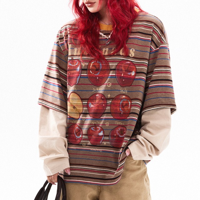 apple design fake two-piece border long tee　アップルデザインフェイクツーピースボーダーロングティー　J1701