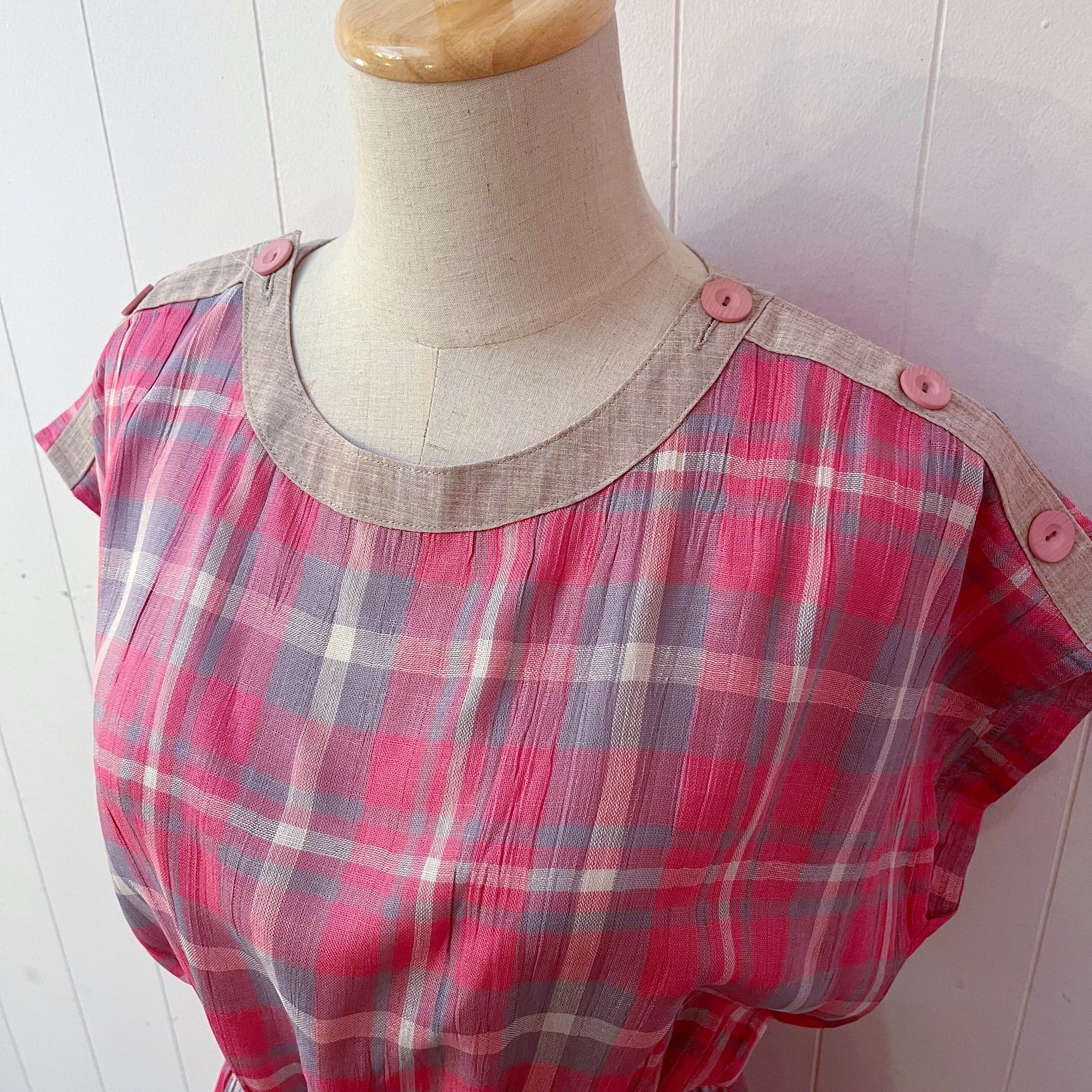 pink gray check button one-piece