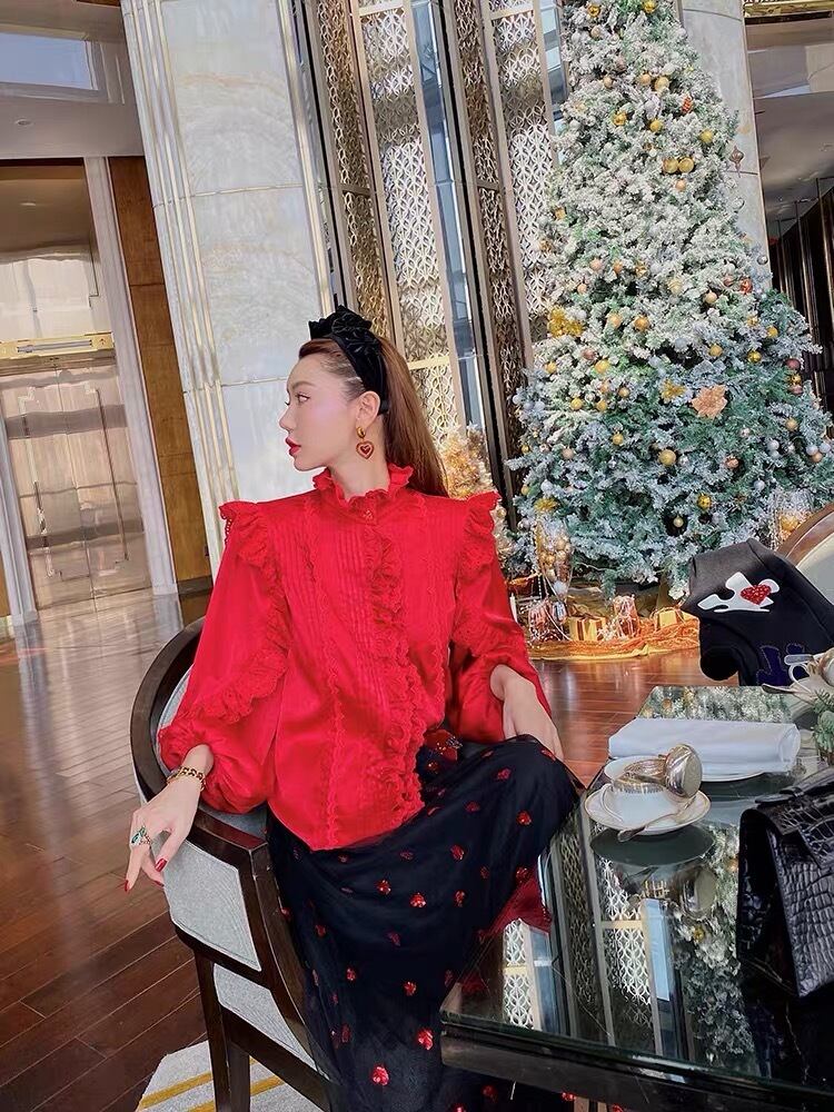 【GodPiva】フリルブラウス レッド　赤・黒チェック　Sサイズ GodPiva】フリルブラウス レッド 赤・黒チェック Sサイズ