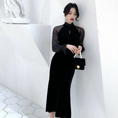 【送料無料】ベルベット シースルー ミモレ丈 ドレス ワンピース パーティードレス 結婚式 二次会 発表会 お呼ばれ パーティー 異
