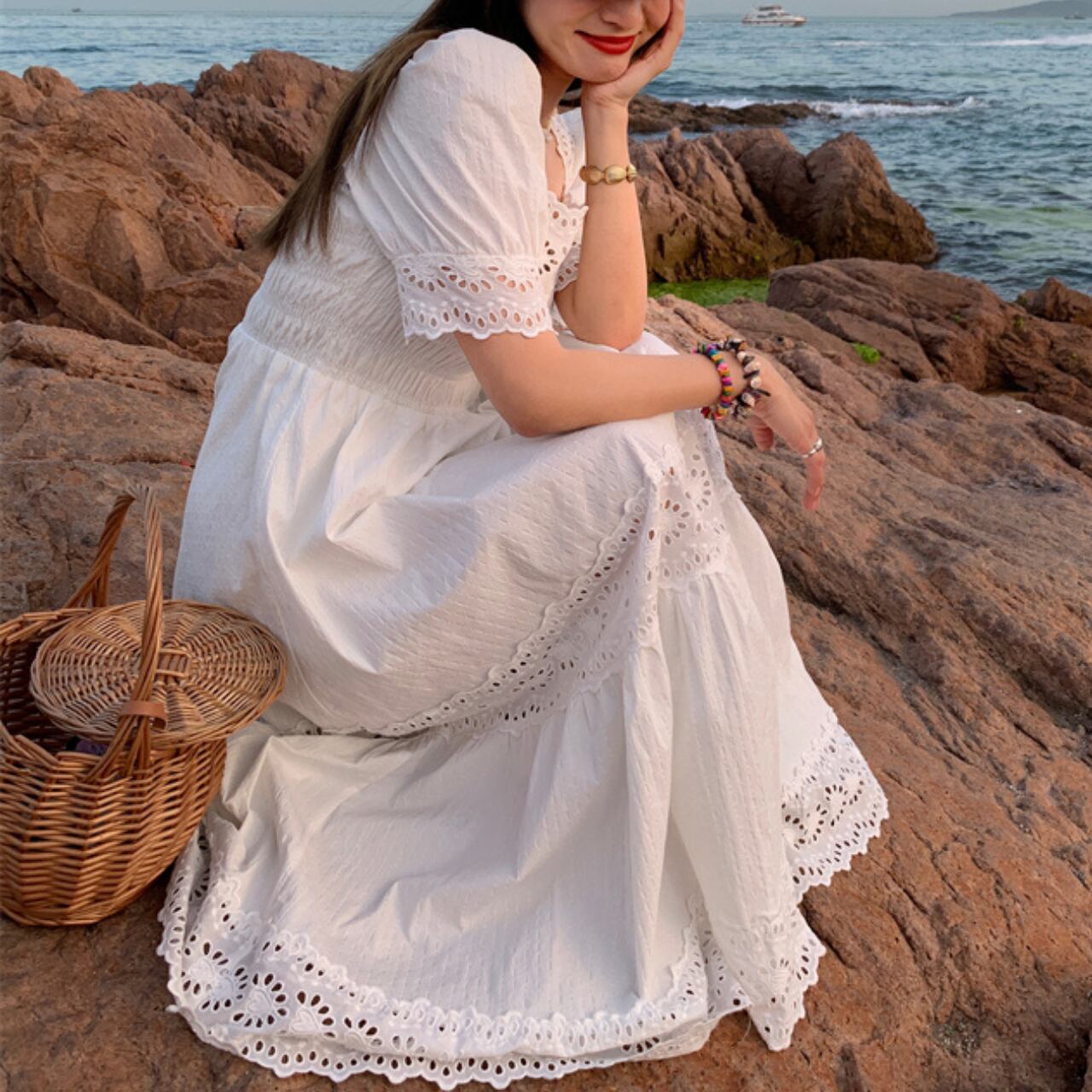 スクエアネック コットンレースロングワンピース A4313