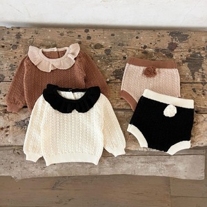 【66-100】秋新作レースアップ荷葉襟ニットセット 女の子 ニットトップス＋ショートパンツ 2点セット