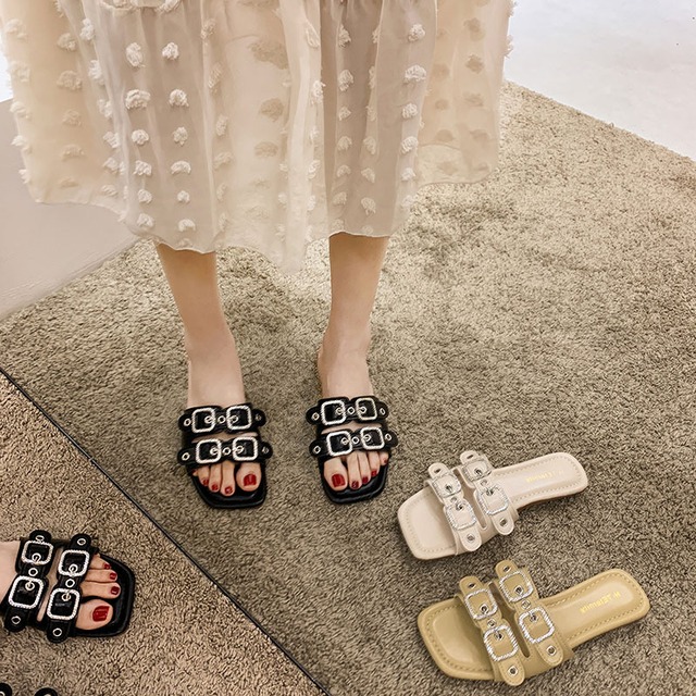 ミュールサマースタンダードラインストーンベルト バックルサンダル レトロ 靴 シューズ 夏物 ハーネス フェイクシューズ5148096999