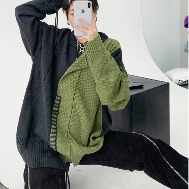 アシンメトリー ダメージ加工 長袖 オーバーサイズ ニット ◆2col L00277