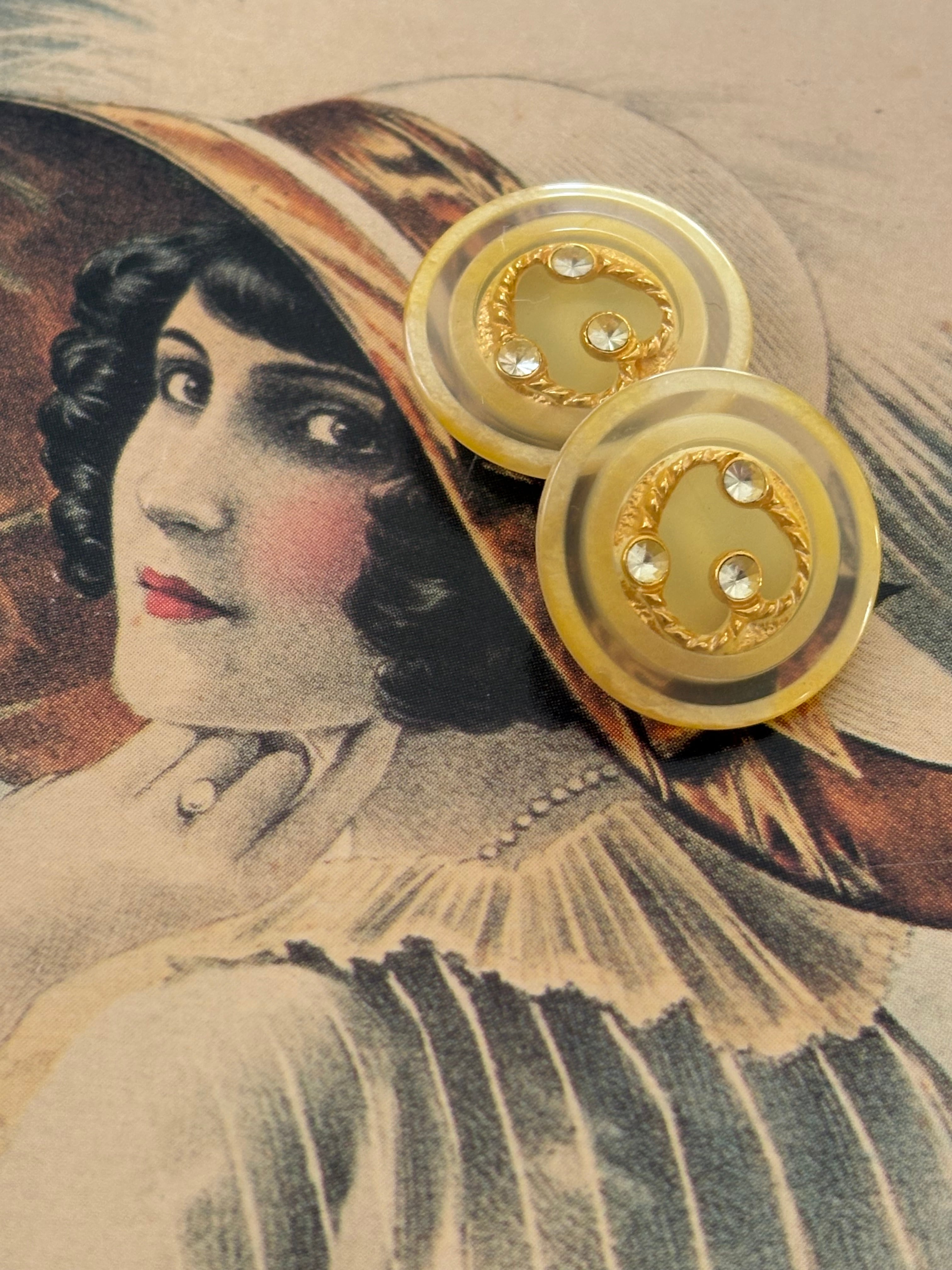 18mm Japanese ヴィンテージボタン イエローベージュ ゴールド ストーン クリア レトロ アクセサリーパーツ 装飾材 カルトナージュ