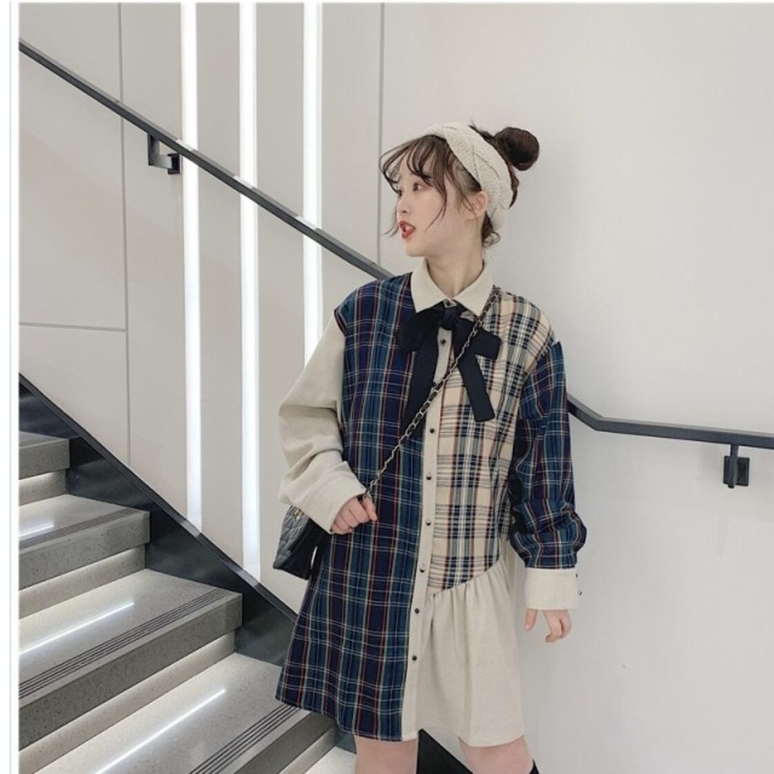 冬服 韓国 レディース タータンチェック柄 アシンメトリー シャツ 