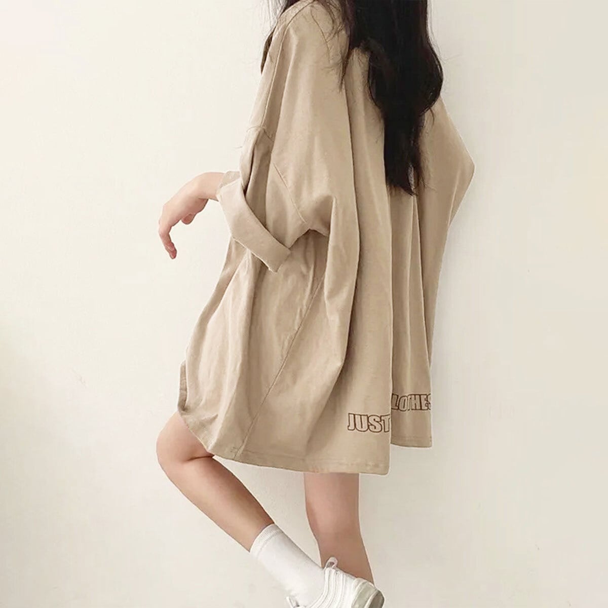 Tシャツ 五分袖 ロゴ レディース メンズ 春 夏 秋 韓国 ゆったり オーバーサイズ 大人 カジュアル ストリート系 原宿系 ロンT ロゴT 体型カバー チュニック 大人可愛い 大人女子