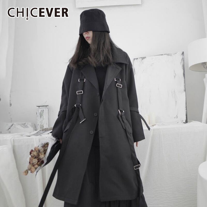 CHICEVERブラックウインドブレーカーレディースラペル長袖ウエストパッチワークレースアッププラスサイズのコート2020秋 ロング 大きめサイズ オータム 秋物 6base597464481890