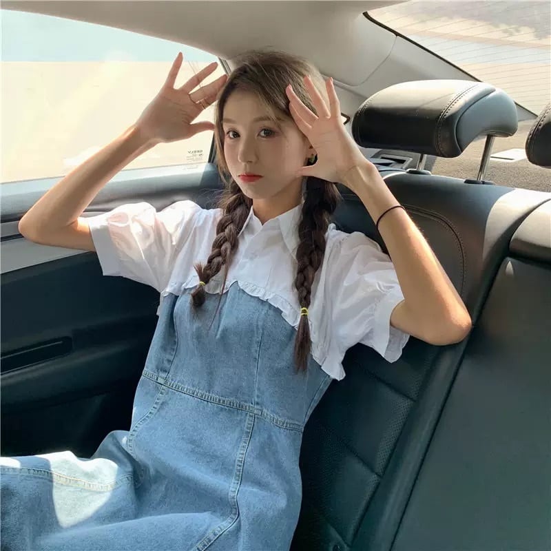 愛され ガーリー ドッキング ワンピース デニム ワンピ シャツ ボリューム スリーブ マルチカラー 異素材 レイヤード 風 カジュアル デート ミニ ミニ丈 韓国っぽ Lamitte Deco トレンド 韓国ファッション ショップ Base店