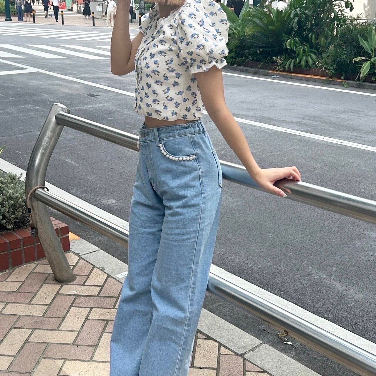 pois roses】Pearl straight denim (LAST1) | feellie
