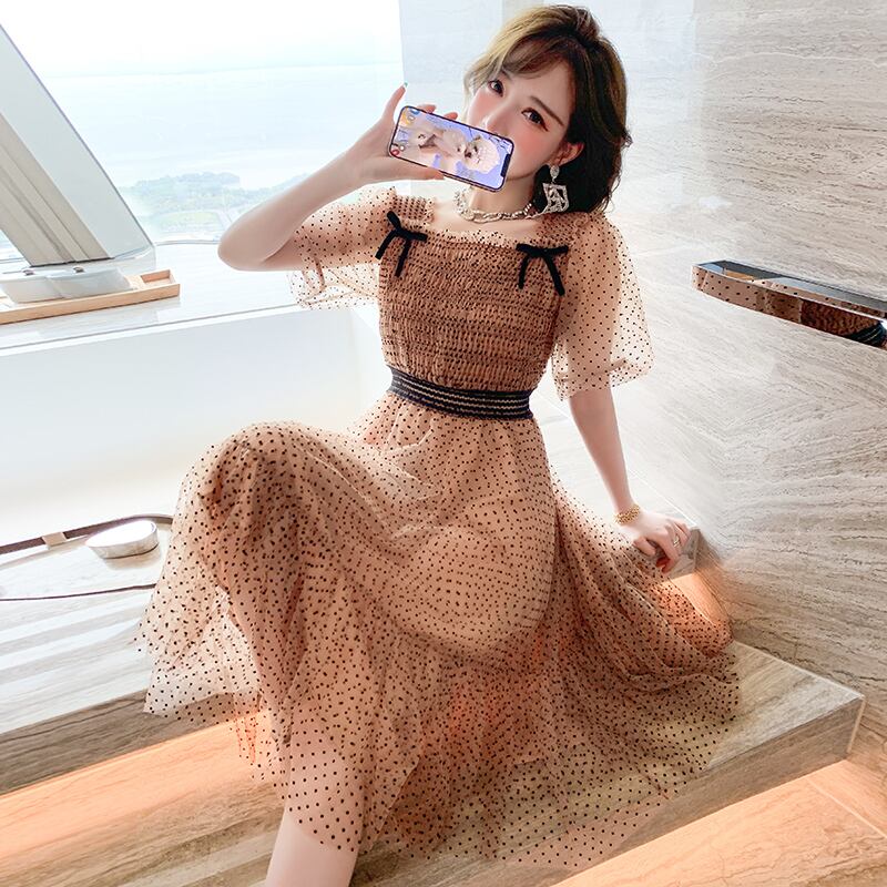 プリーツハイウェストウェストメッシュドレス スプリングサマー 春物 夏物 スクウェア MIUCO35528009423