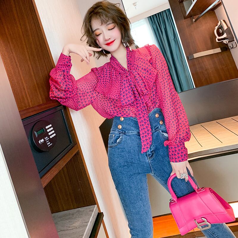 プリント柄リボンシャツ スプリングオータム レース 春物 秋物 レースアップ MIUCO67273115177