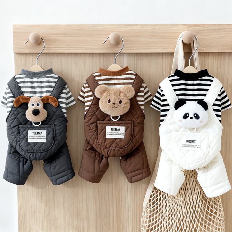 【予約】ぬいぐるみ付ボーダーロンパース|春先まで着れる犬服