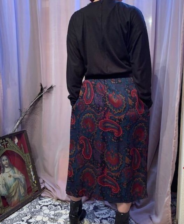 70s vintage dress Leslie Fayコンビドレス black×paisley 